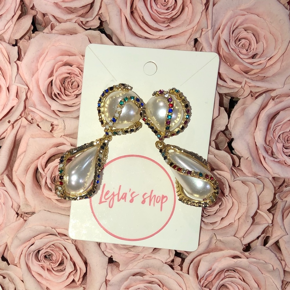 Pearl & multi colored stone earrings